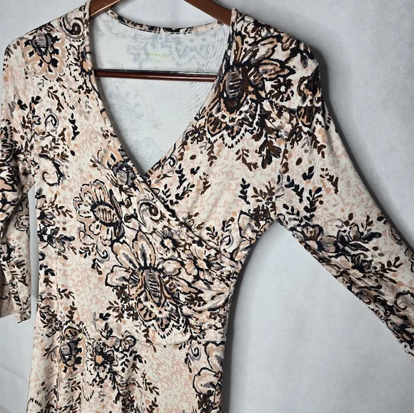 Garnet Hill Faux Wrap Dress Neutral Ivory Brown Floral Knee Length 3/4 Sleeve XS - Picture 4 of 12
